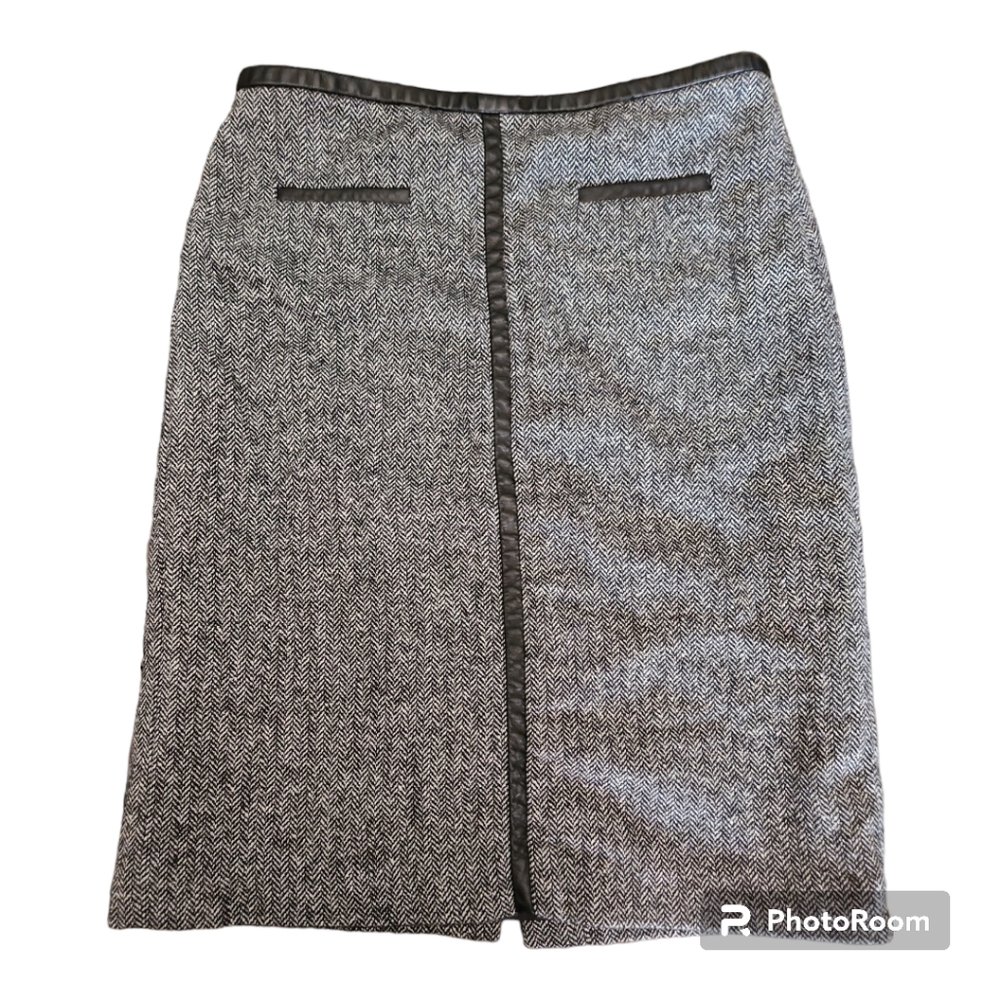 New Frontier Black Gray Stretch Wool Blend Pencil Skirt Faux Leather Trim Size 4